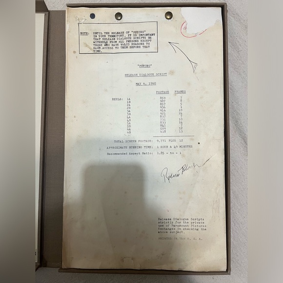 Psycho Other - ❌SOLD❌Original Psycho Dialogue Movie Script Signed By Book Author Robert Bloch